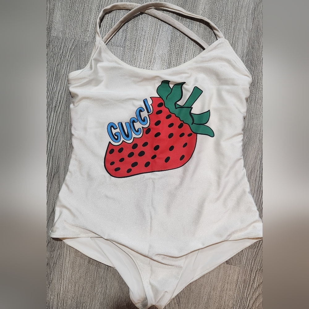 Gucci White Swimsuit with Red Strawberry Design - Picture 2 of 8
